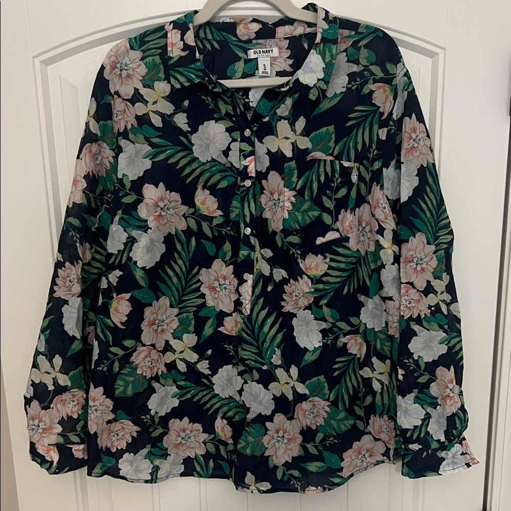 Old Navy Women’s Floral 5 Button-Down Shirt Navy & Pink with Front Pocket Sz XL